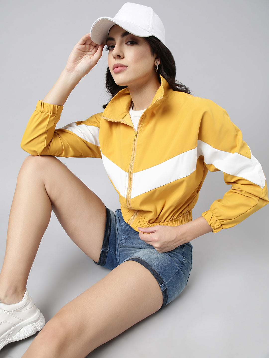 Women's Solid Mustard Crop Bomber Jacket