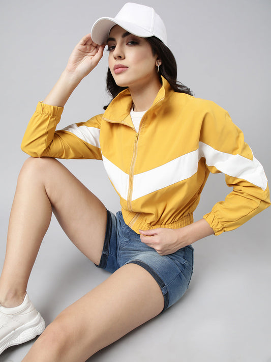 Women's Solid Mustard Crop Bomber Jacket