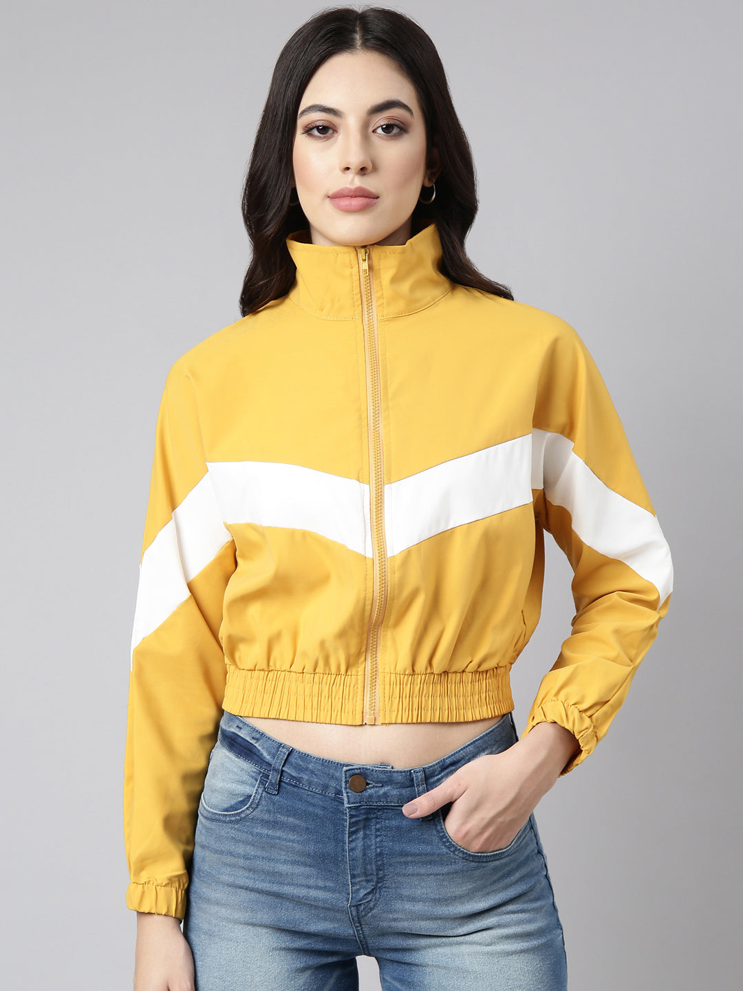 Women's Solid Mustard Crop Bomber Jacket