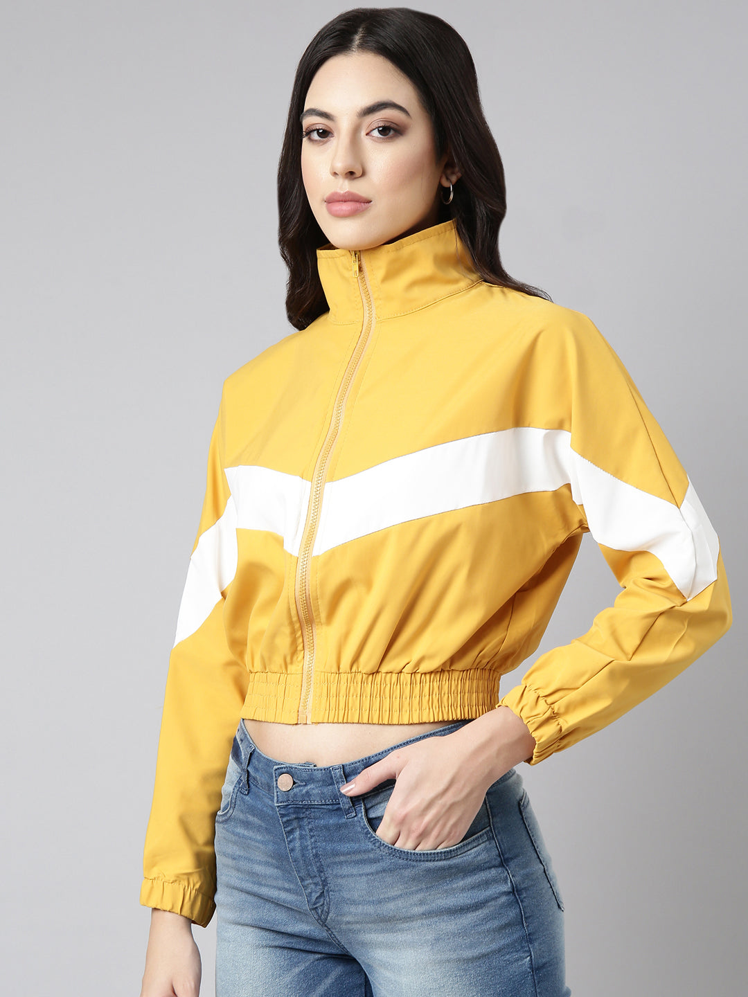 Women's Solid Mustard Crop Bomber Jacket