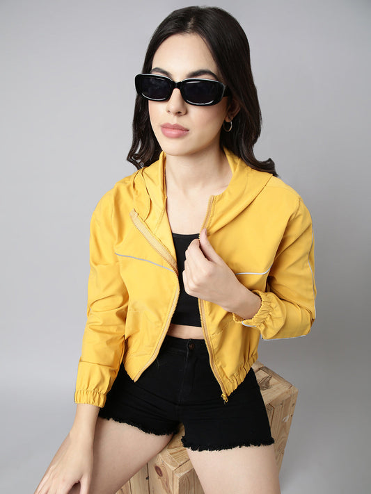 Women's Solid Mustard Crop Bomber Jacket