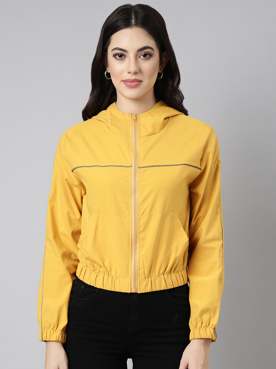 Women's Solid Mustard Crop Bomber Jacket