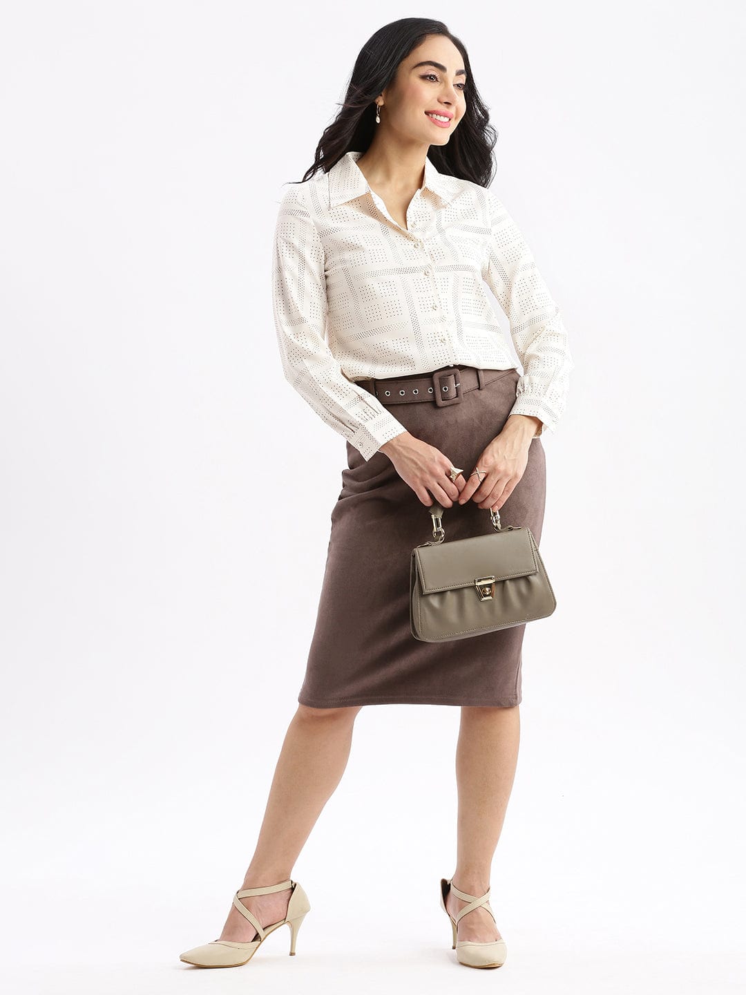 Women's Cream Standard Slim Fit Opaque Printed Casual Shirt