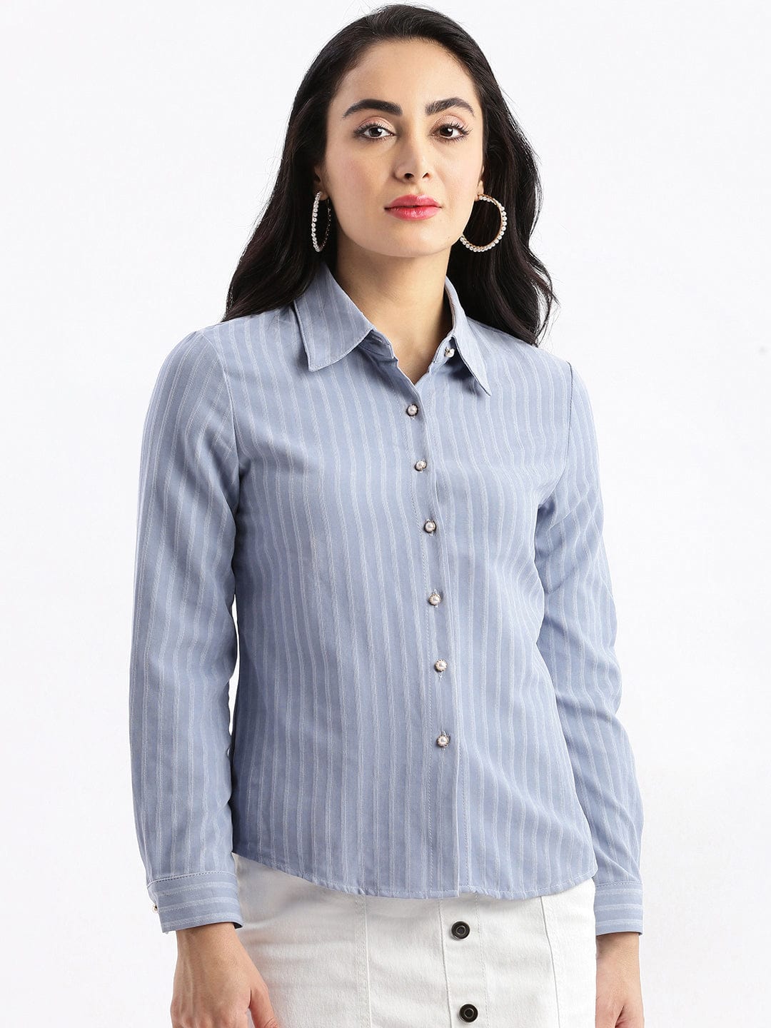 Women's Grey Standard Slim Fit Opaque Striped Casual Shirt