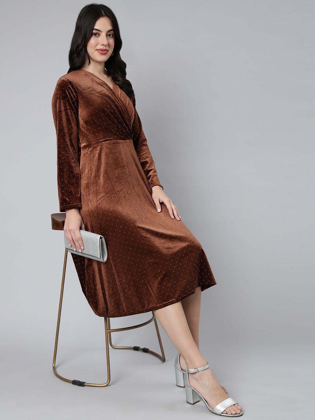 Women's Brown Print Velvet A-Line Midi Dress