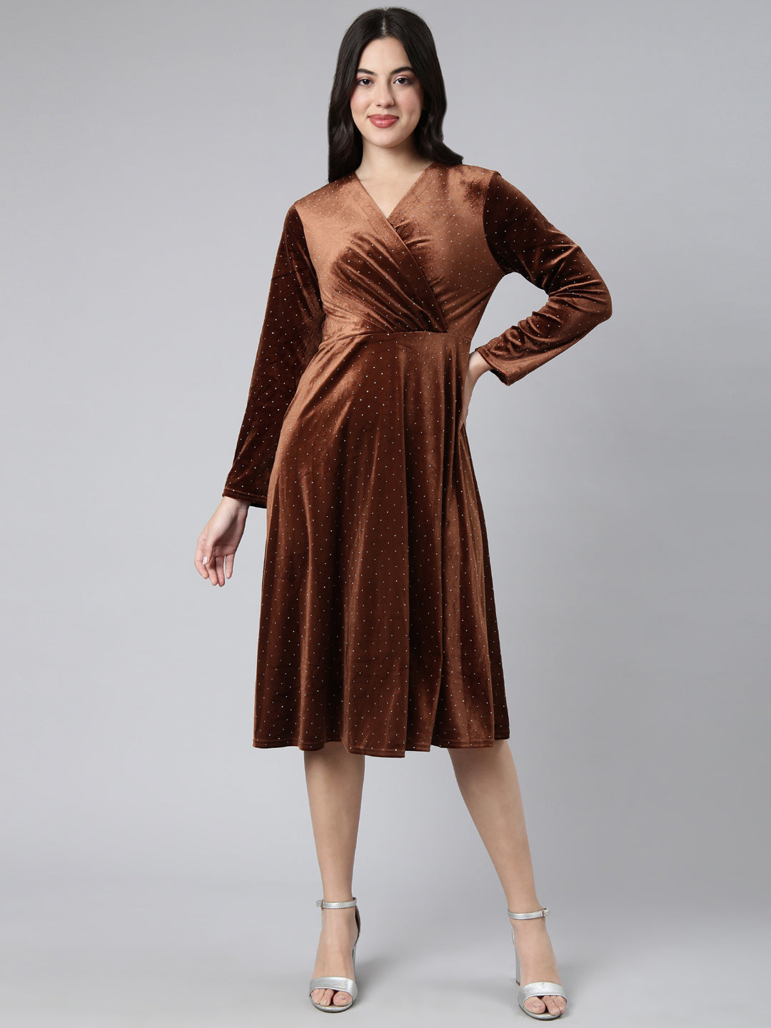 Women's Brown Print Velvet A-Line Midi Dress