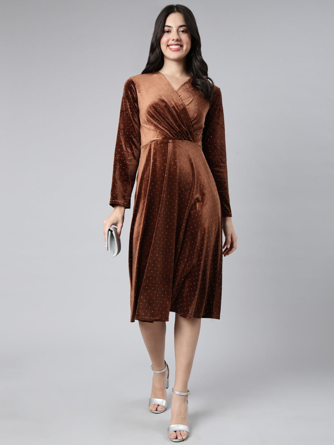 Women's Brown Print Velvet A-Line Midi Dress