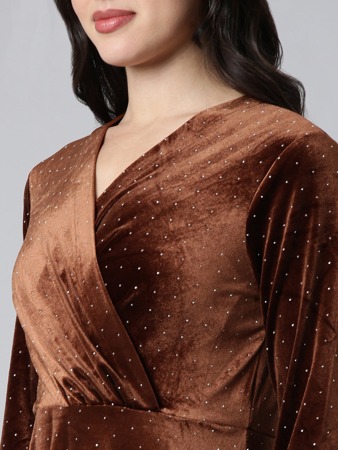 Women's Brown Print Velvet A-Line Midi Dress