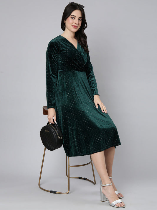 Women's Embellished Green A-Line Dress