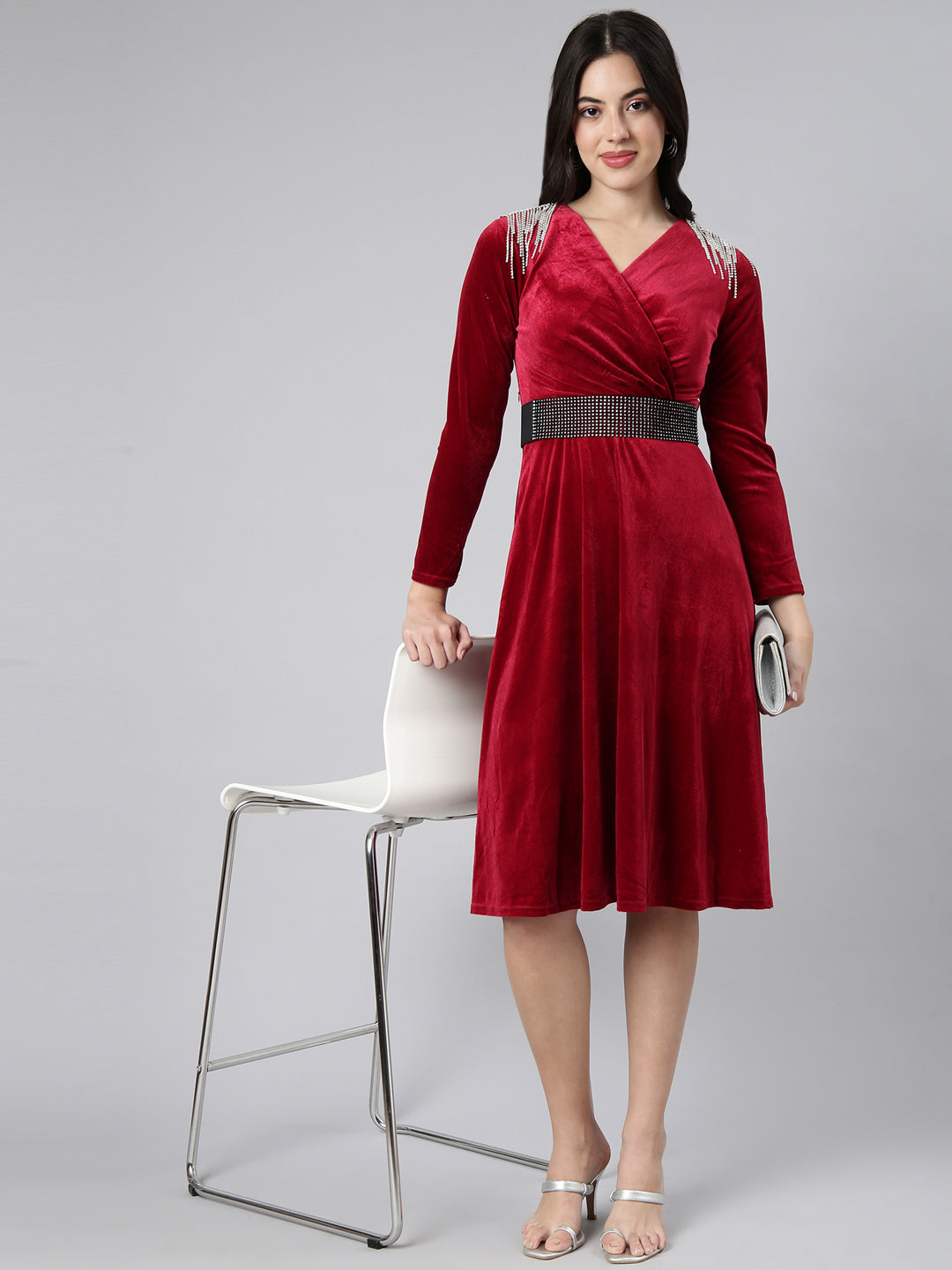 Women's Solid Burgundy Fit and Flare Dress with Belt