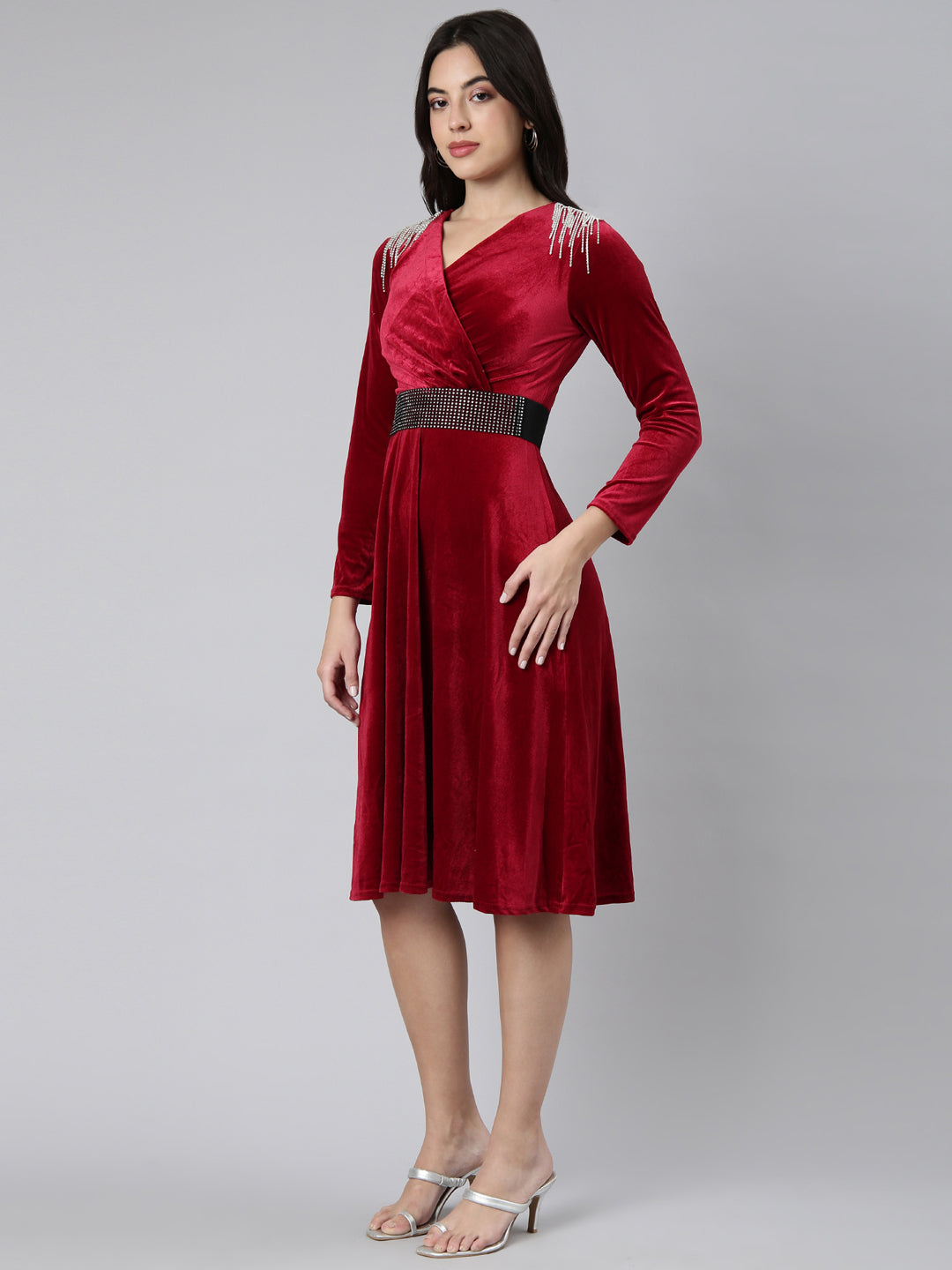 Women's Solid Burgundy Fit and Flare Dress with Belt