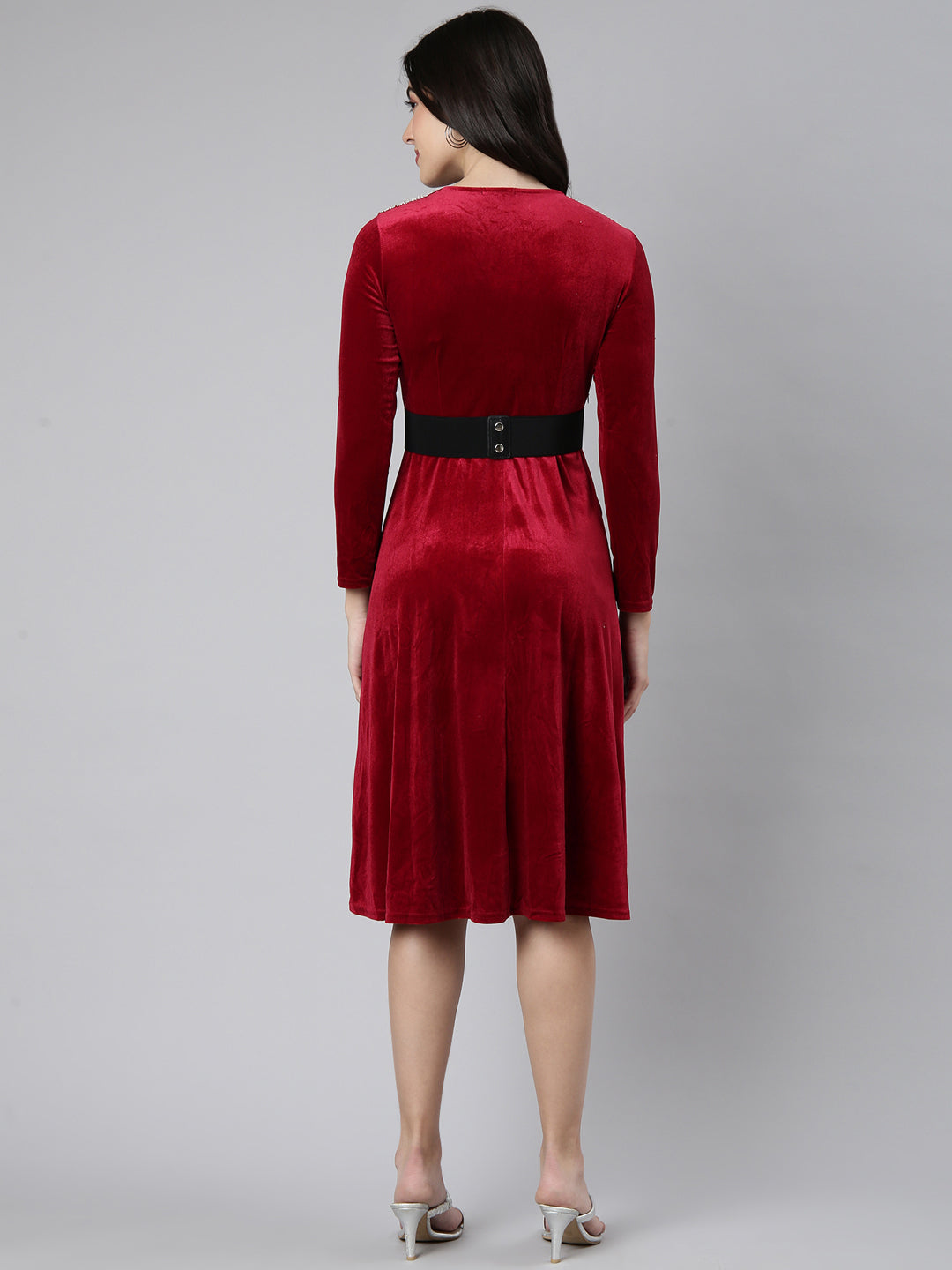 Women's Solid Burgundy Fit and Flare Dress with Belt