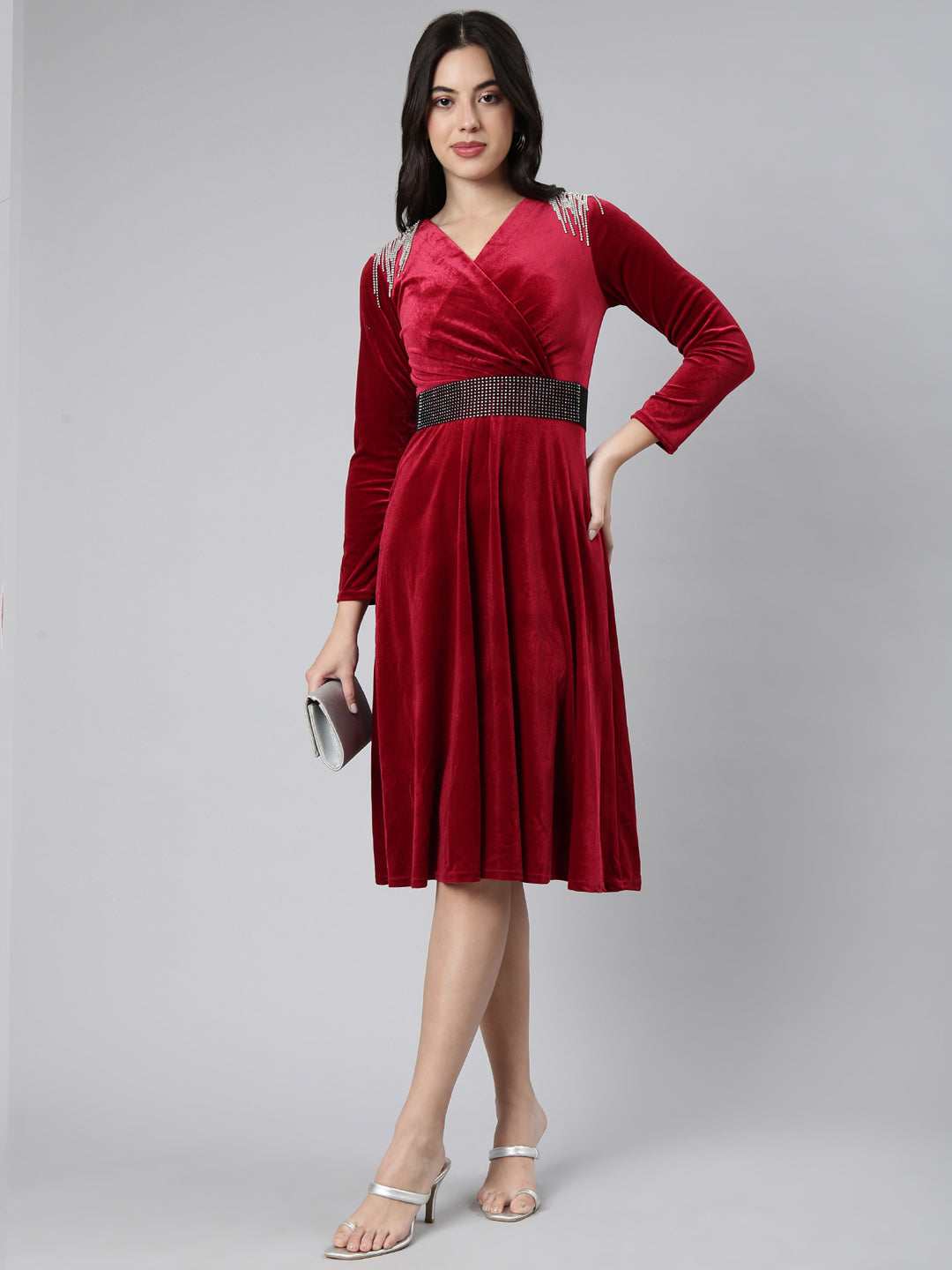 Women's Solid Burgundy Fit and Flare Dress with Belt