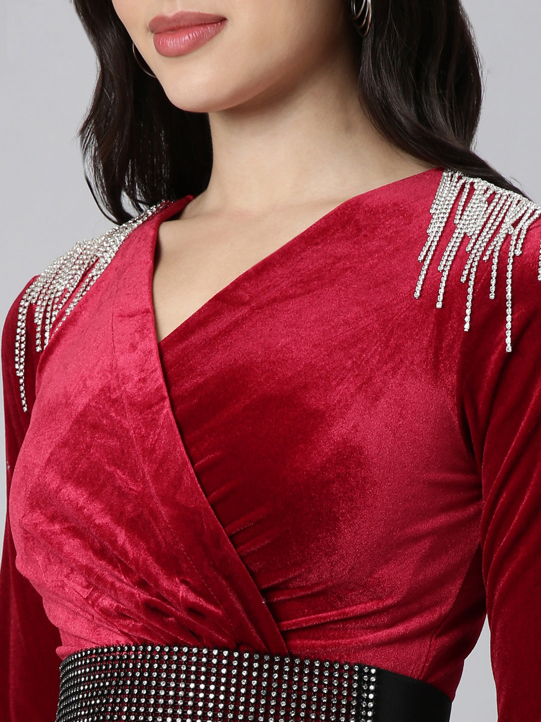 Women's Solid Burgundy Fit and Flare Dress with Belt