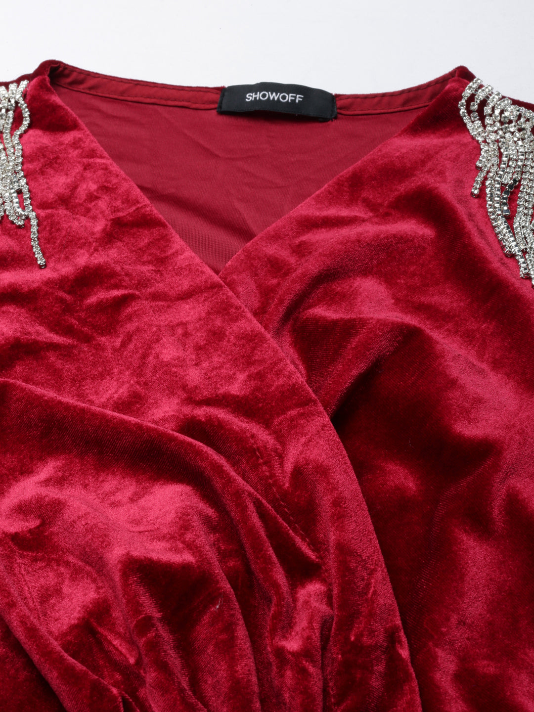 Women's Solid Burgundy Fit and Flare Dress with Belt