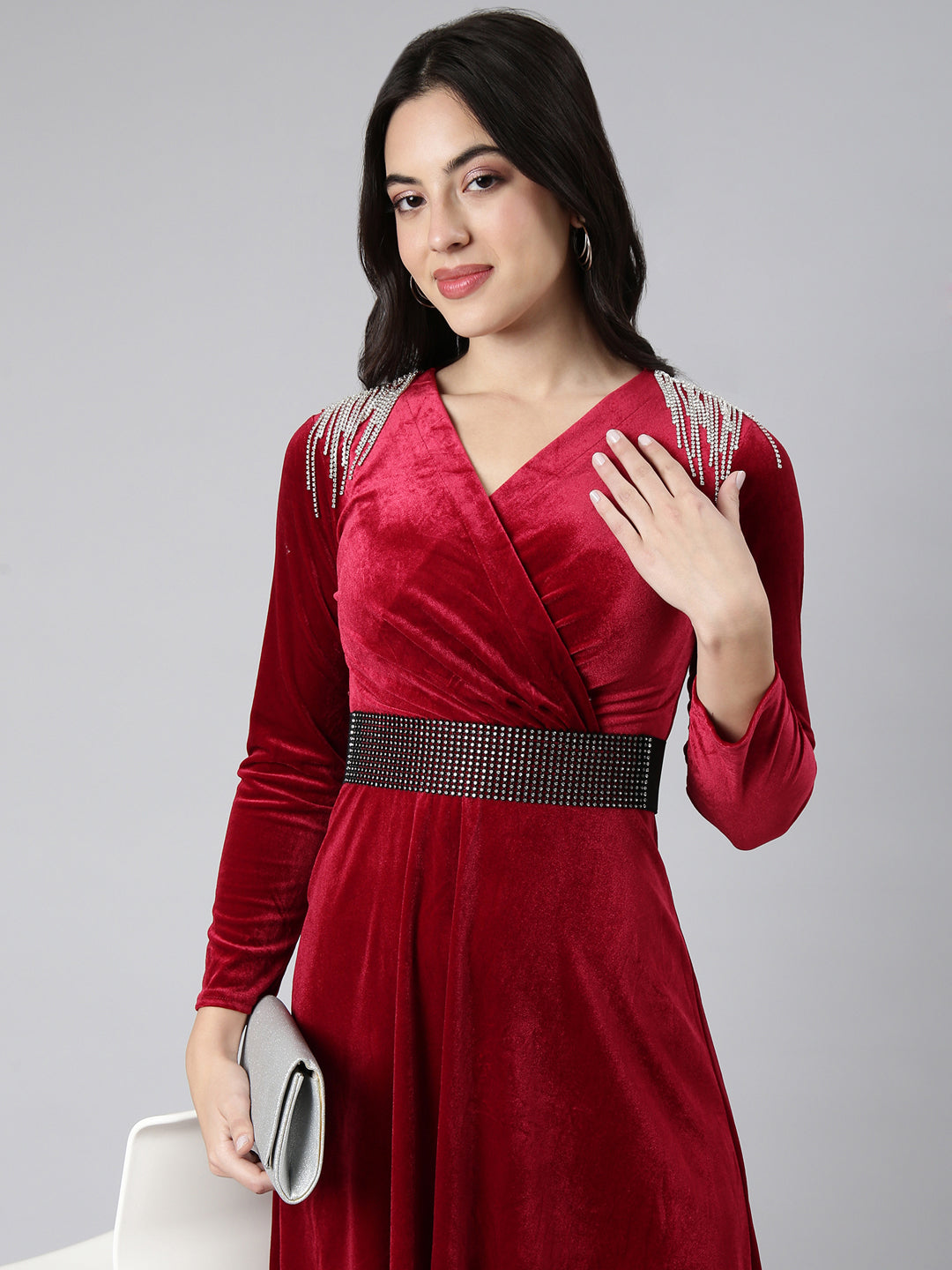 Women's Solid Burgundy Fit and Flare Dress with Belt