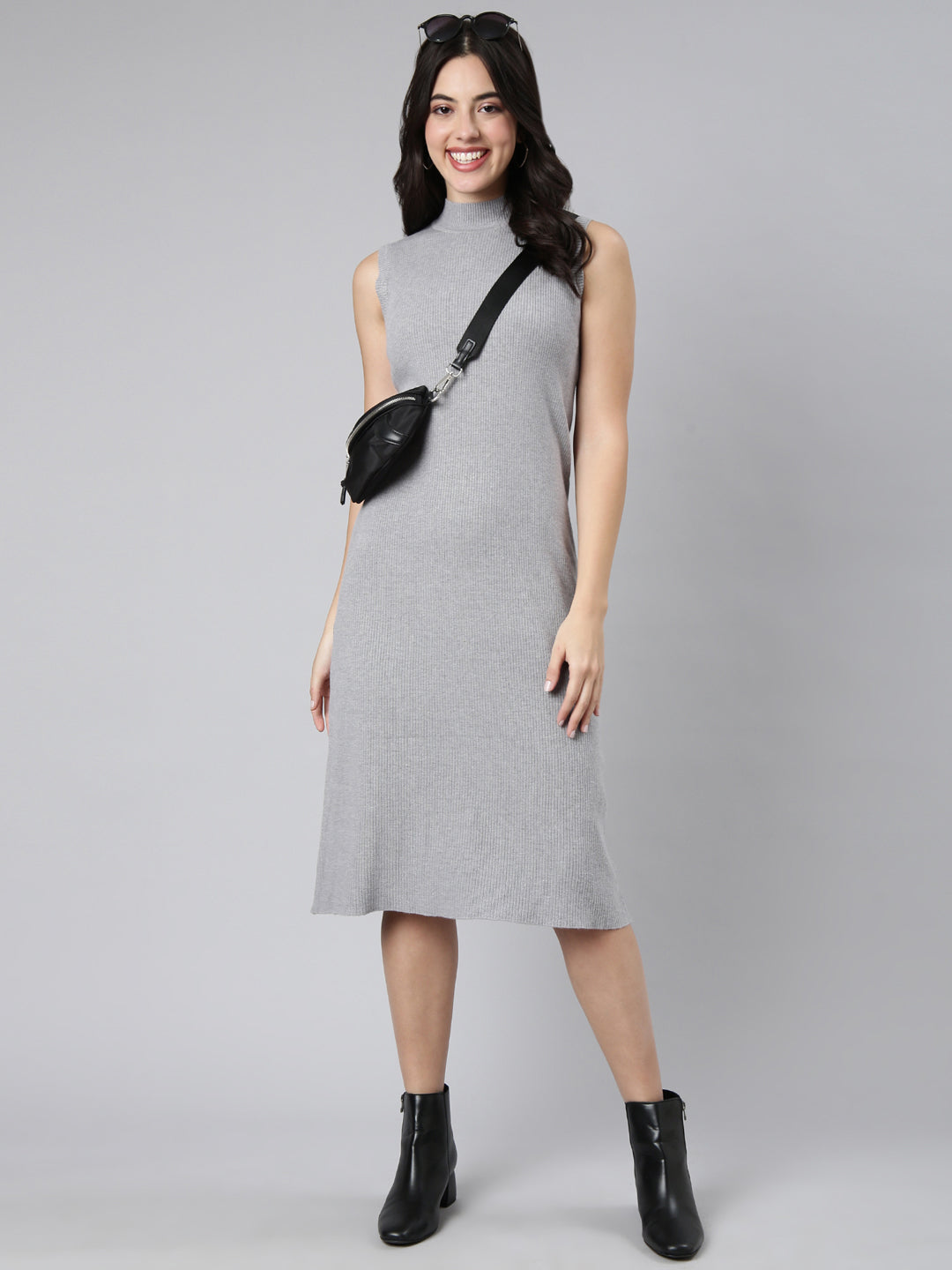 Women's Solid Grey A-Line Dress