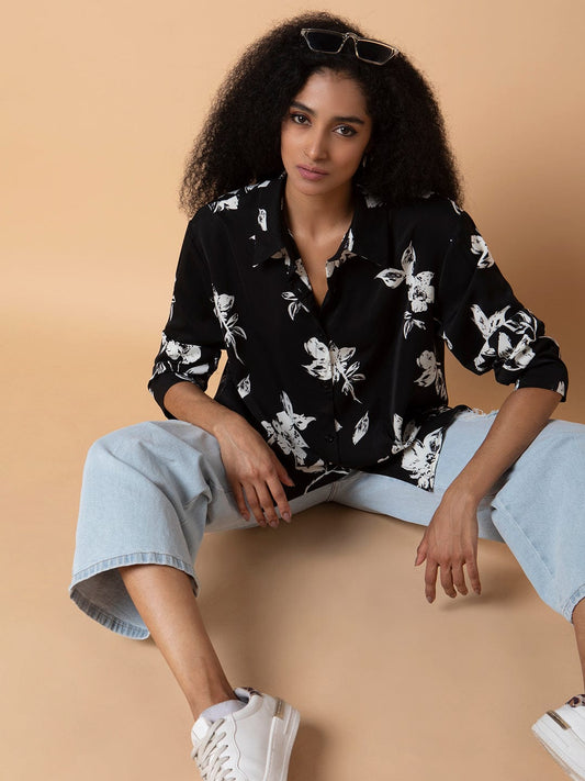 Women's Black Relaxed Floral Opaque Printed Casual Shirt