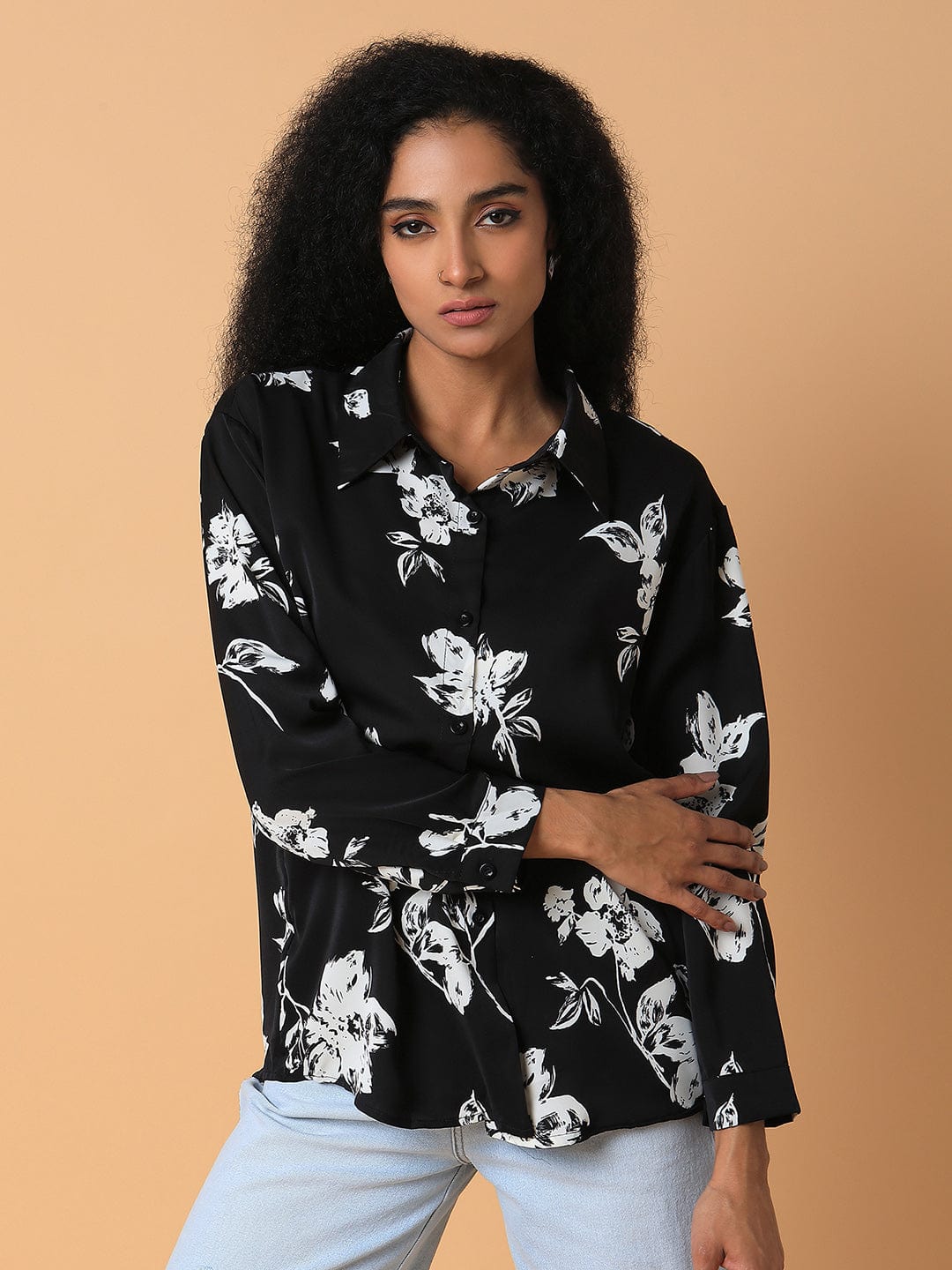 Women's Black Relaxed Floral Opaque Printed Casual Shirt