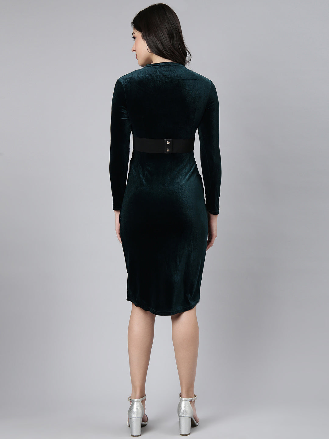 Women's Solid Green Sheath Dress with Belt