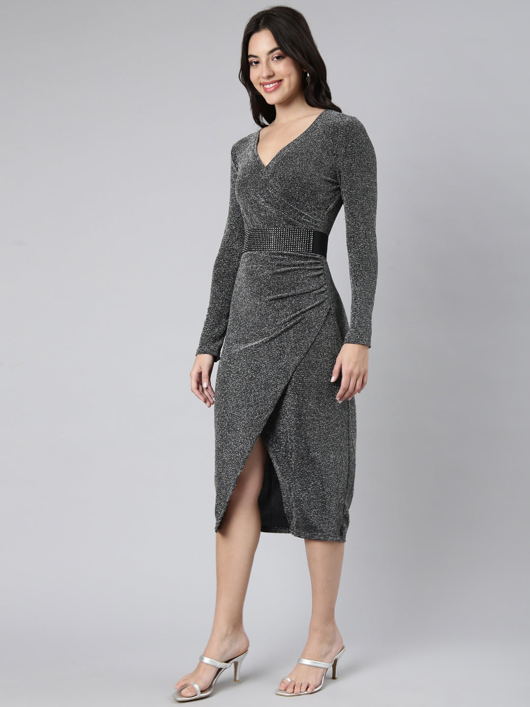 Women's Solid Grey Sheath Dress with Belt