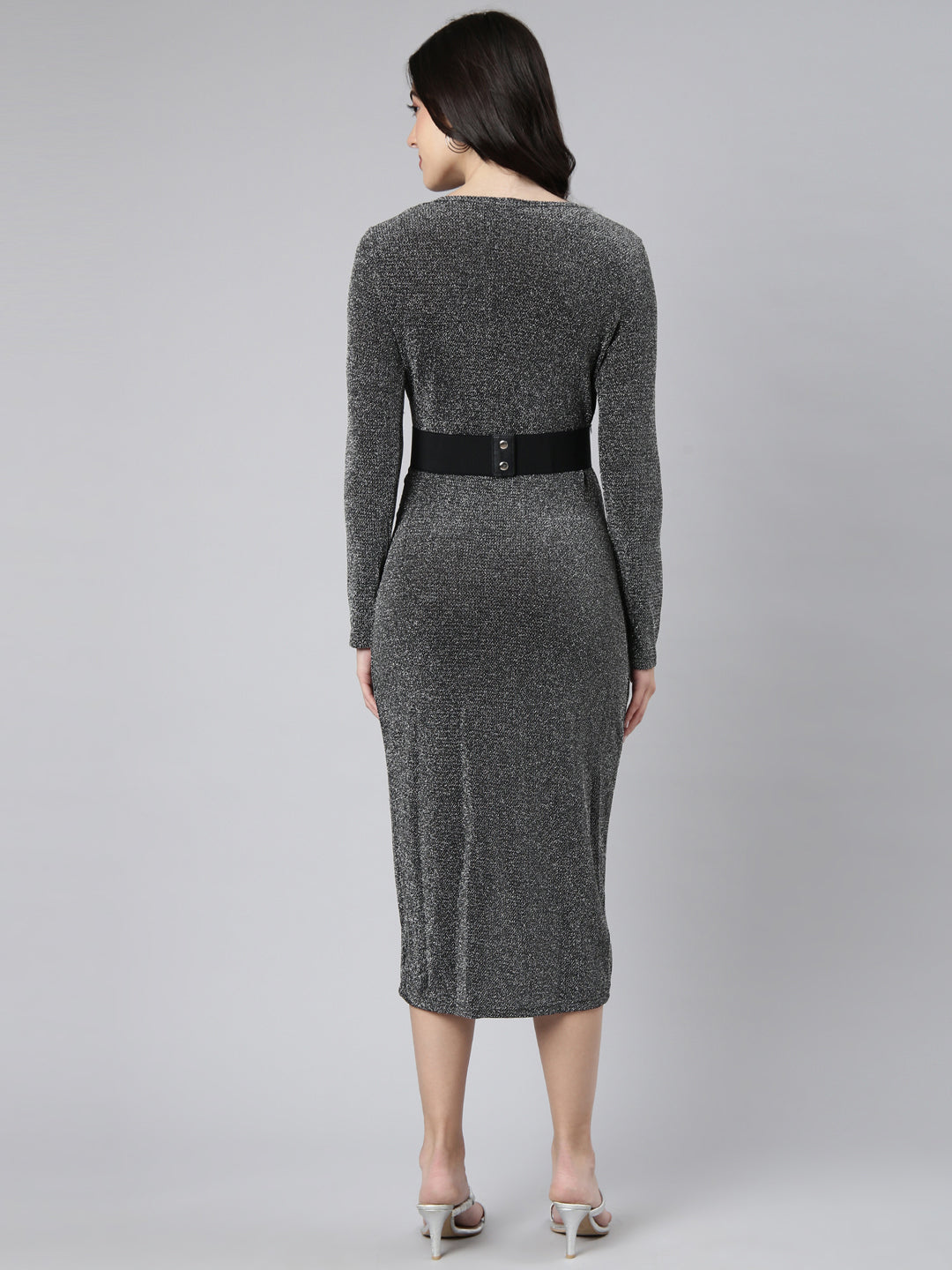 Women's Solid Grey Sheath Dress with Belt