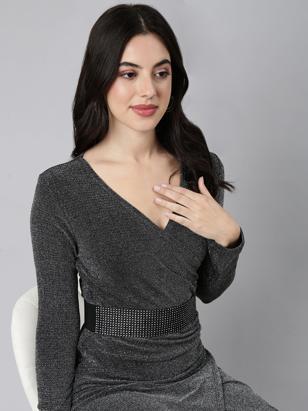 Women's Solid Grey Sheath Dress with Belt