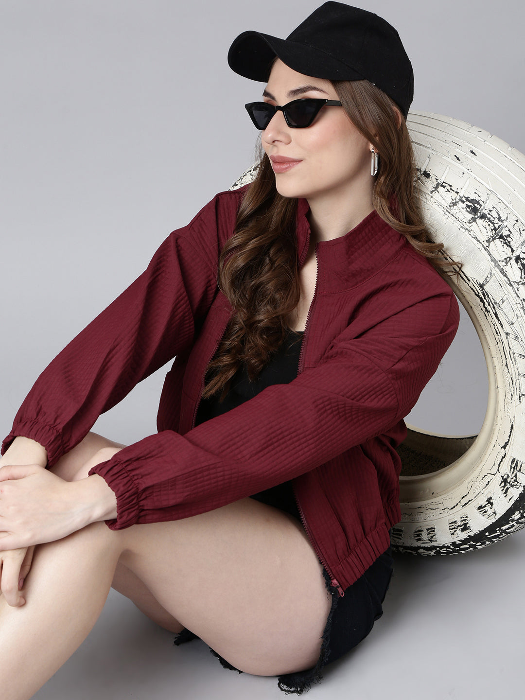 Women's Solid Maroon Crop Oversized Drop Shoulder Bomber Jacket