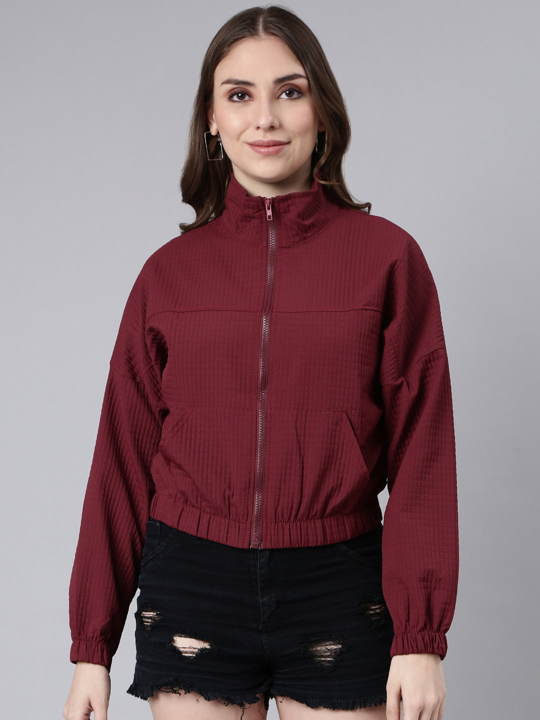 Women's Solid Maroon Crop Oversized Drop Shoulder Bomber Jacket