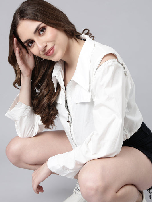 Women's White Spread Collar Cotton Crop Tailored Jacket