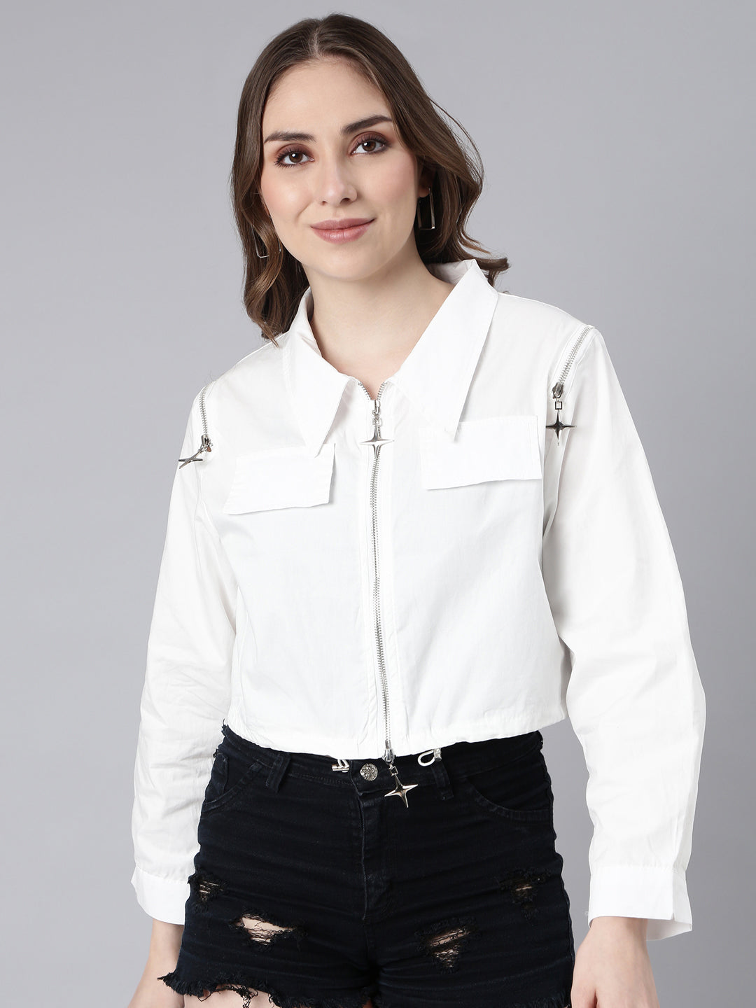 Women's White Spread Collar Cotton Crop Tailored Jacket