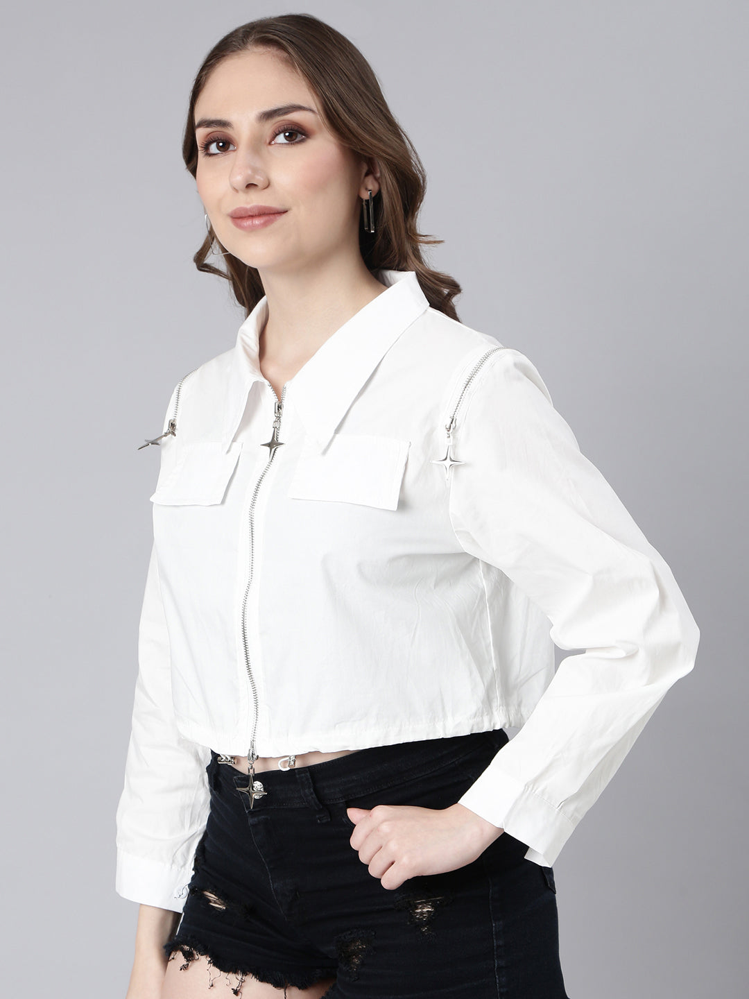Women's White Spread Collar Cotton Crop Tailored Jacket