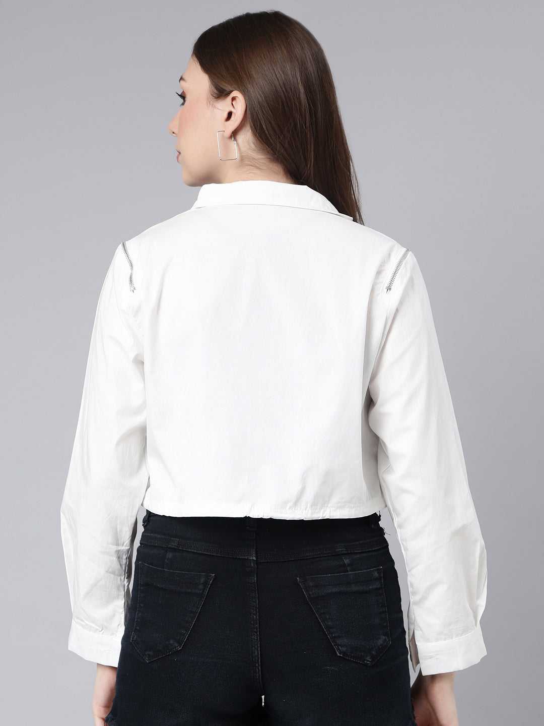 Women's White Spread Collar Cotton Crop Tailored Jacket