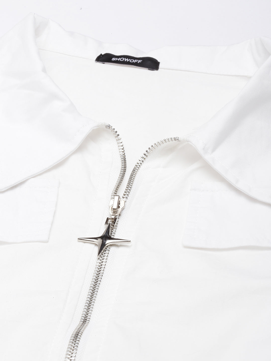 Women's White Spread Collar Cotton Crop Tailored Jacket