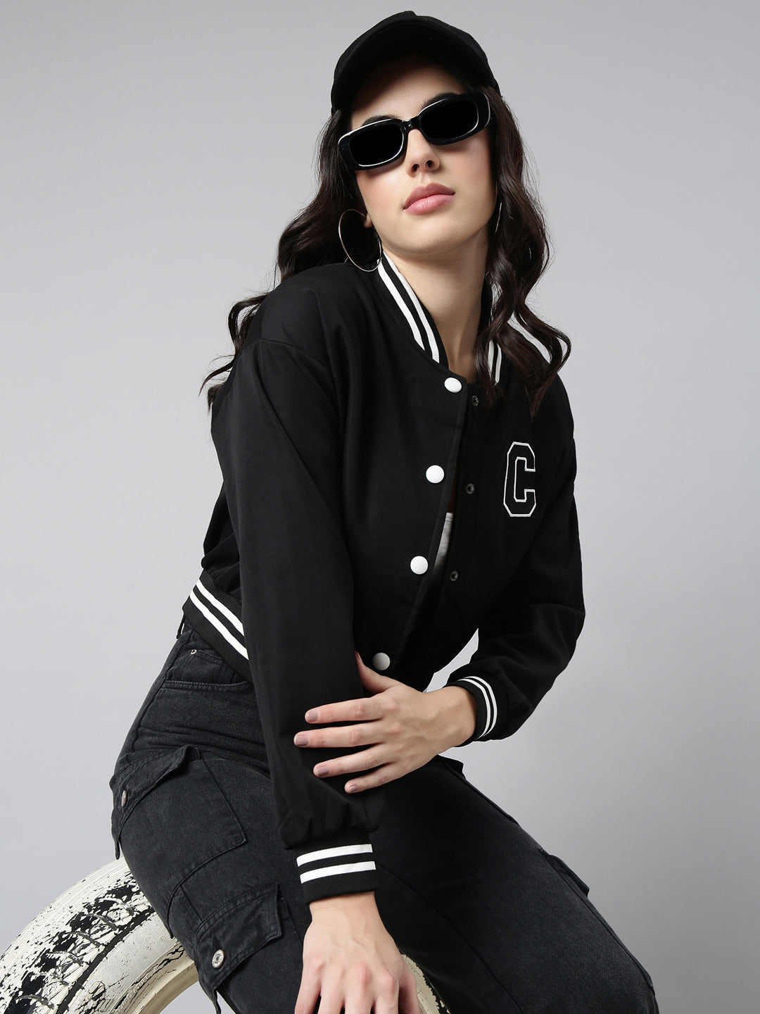 Women's Solid Black Crop Drop Shoulder Varsity Jacket
