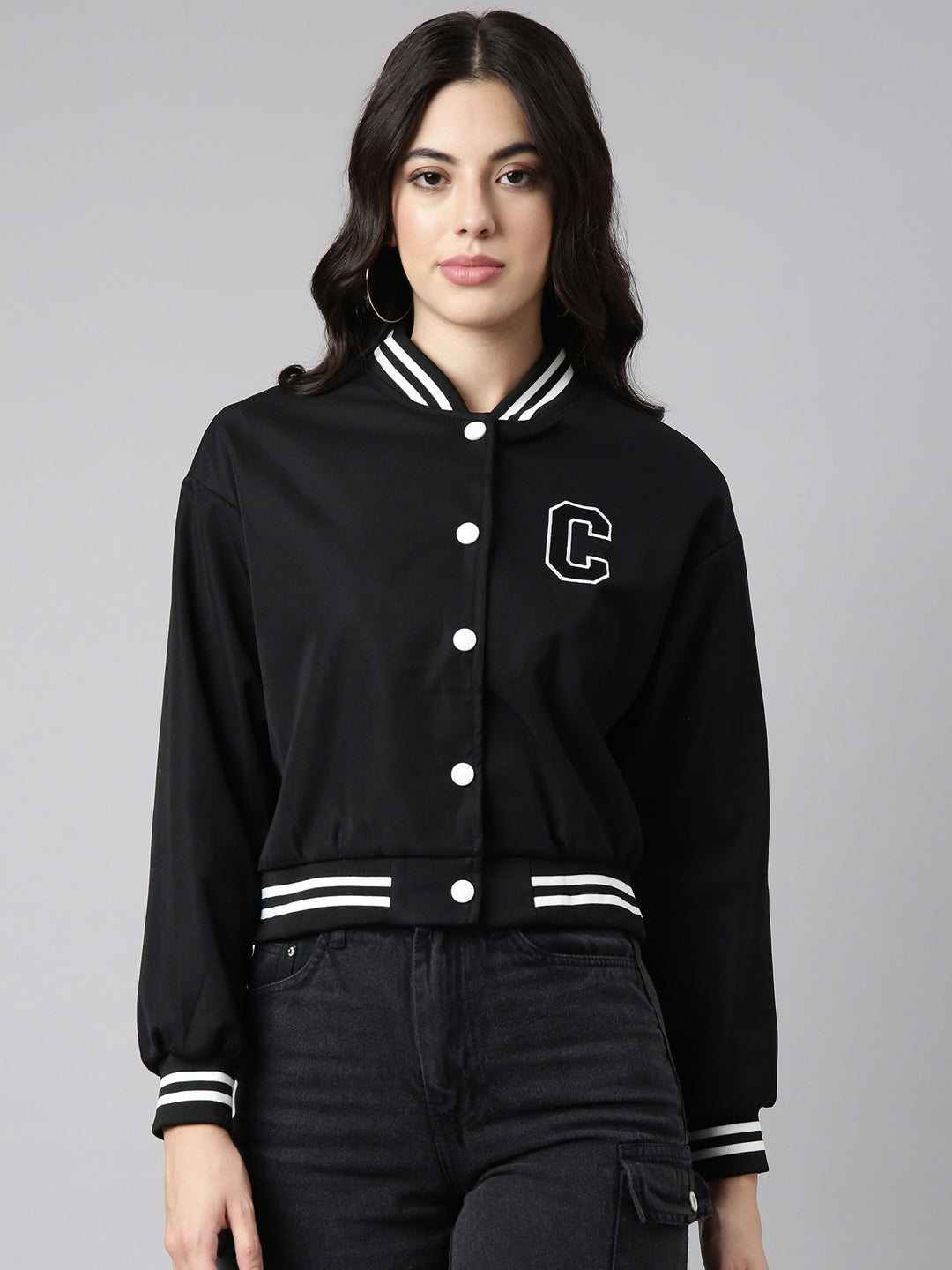 Women's Solid Black Crop Drop Shoulder Varsity Jacket