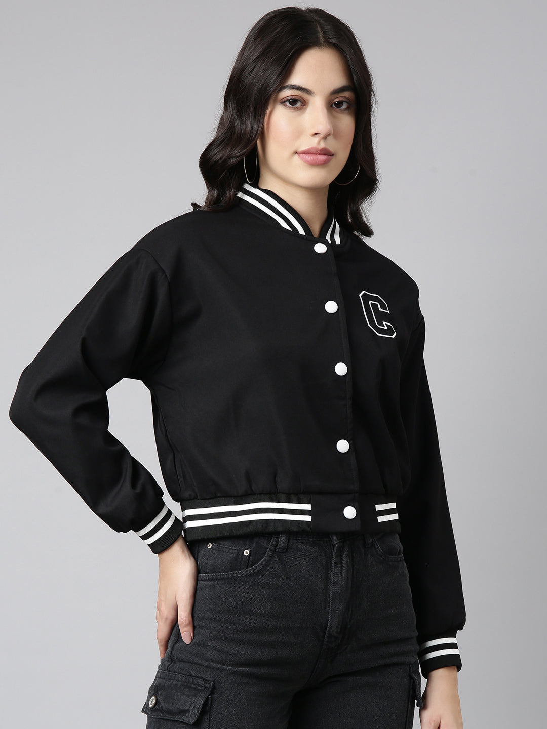 Women's Solid Black Crop Drop Shoulder Varsity Jacket