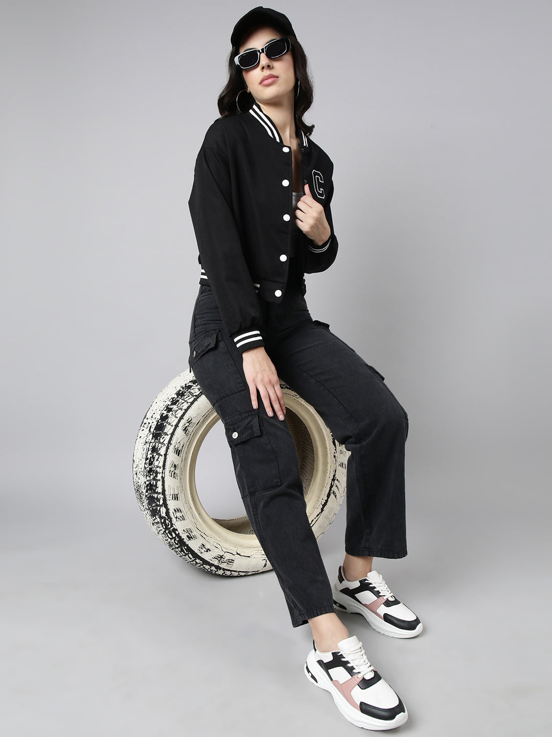 Women's Solid Black Crop Drop Shoulder Varsity Jacket