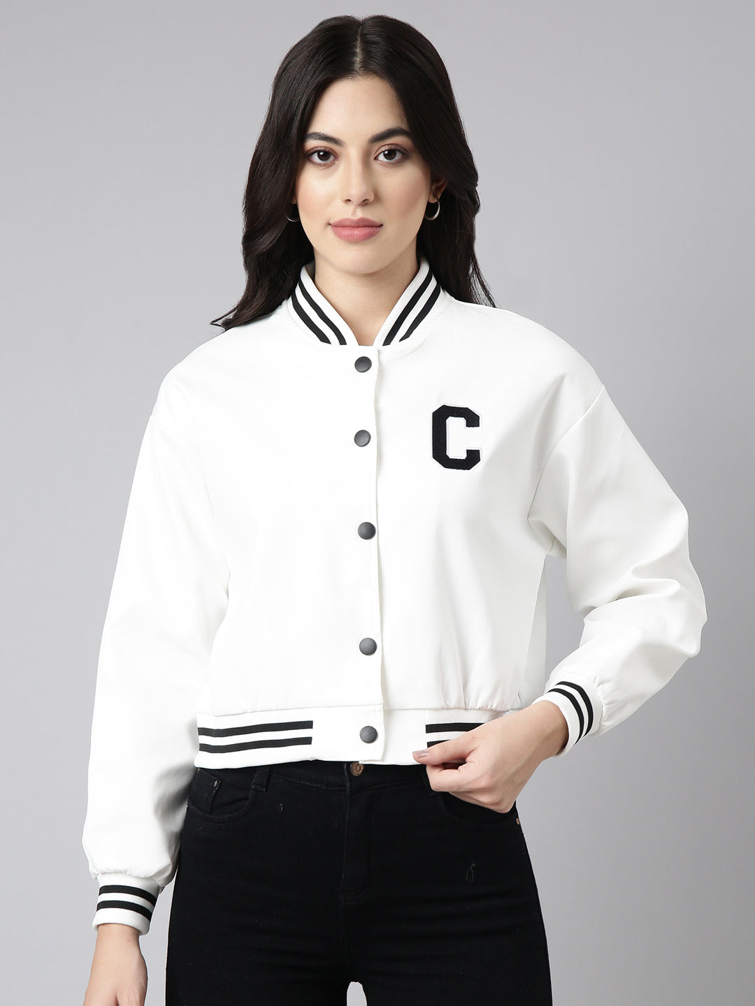 Women's Solid White Crop Drop Shoulder Varsity Jacket