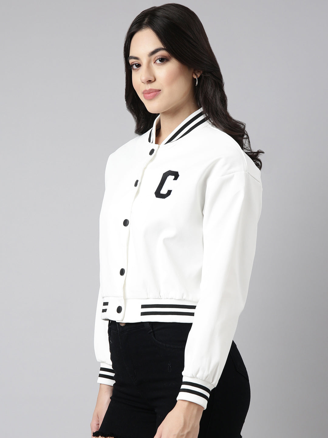 Women's Solid White Crop Drop Shoulder Varsity Jacket