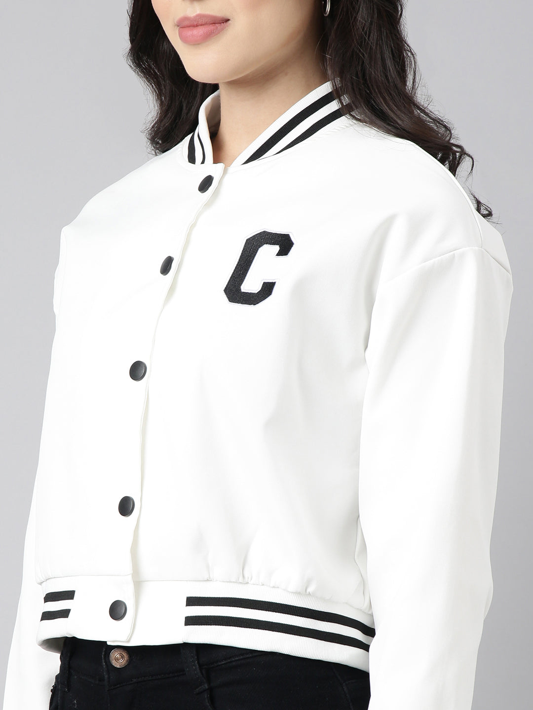 Women's Solid White Crop Drop Shoulder Varsity Jacket