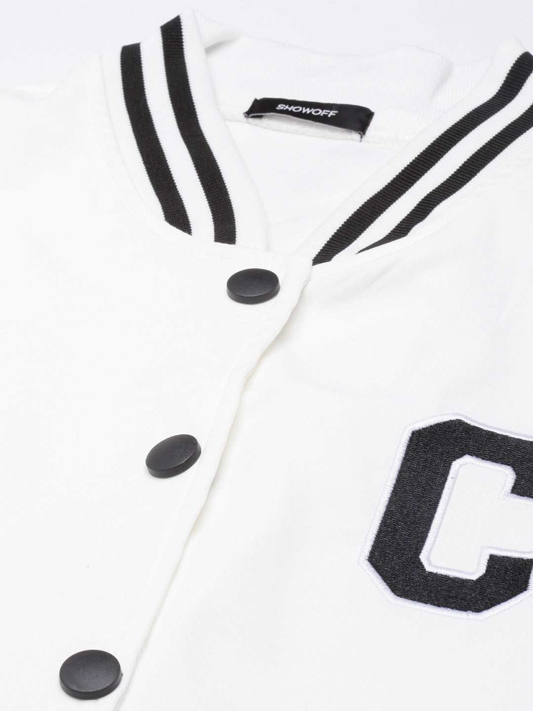 Women's Solid White Crop Drop Shoulder Varsity Jacket