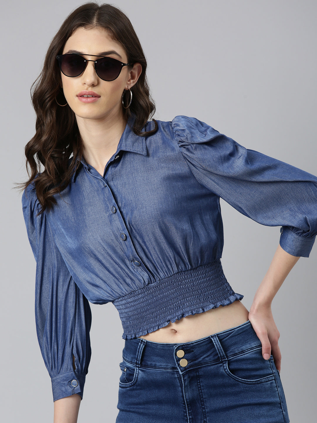 Women's Navy Blue Shirt Collar Cuffed Sleeves Smocked Cotton Shirt Style Crop Top