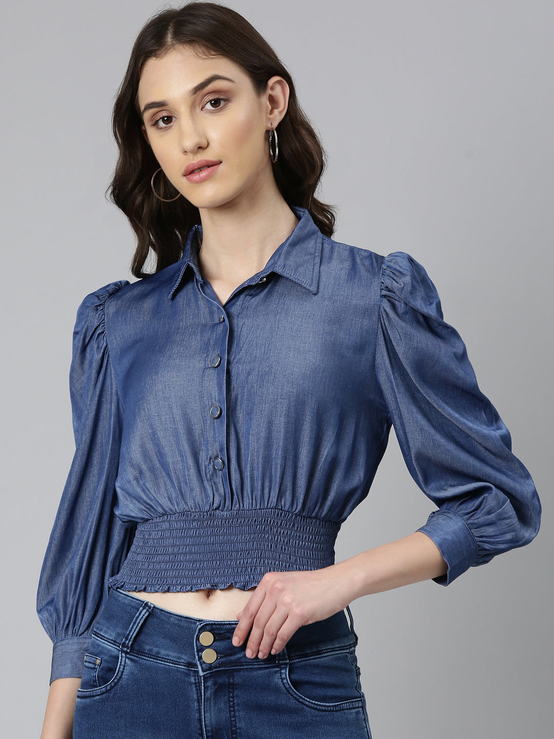 Women's Navy Blue Shirt Collar Cuffed Sleeves Smocked Cotton Shirt Style Crop Top