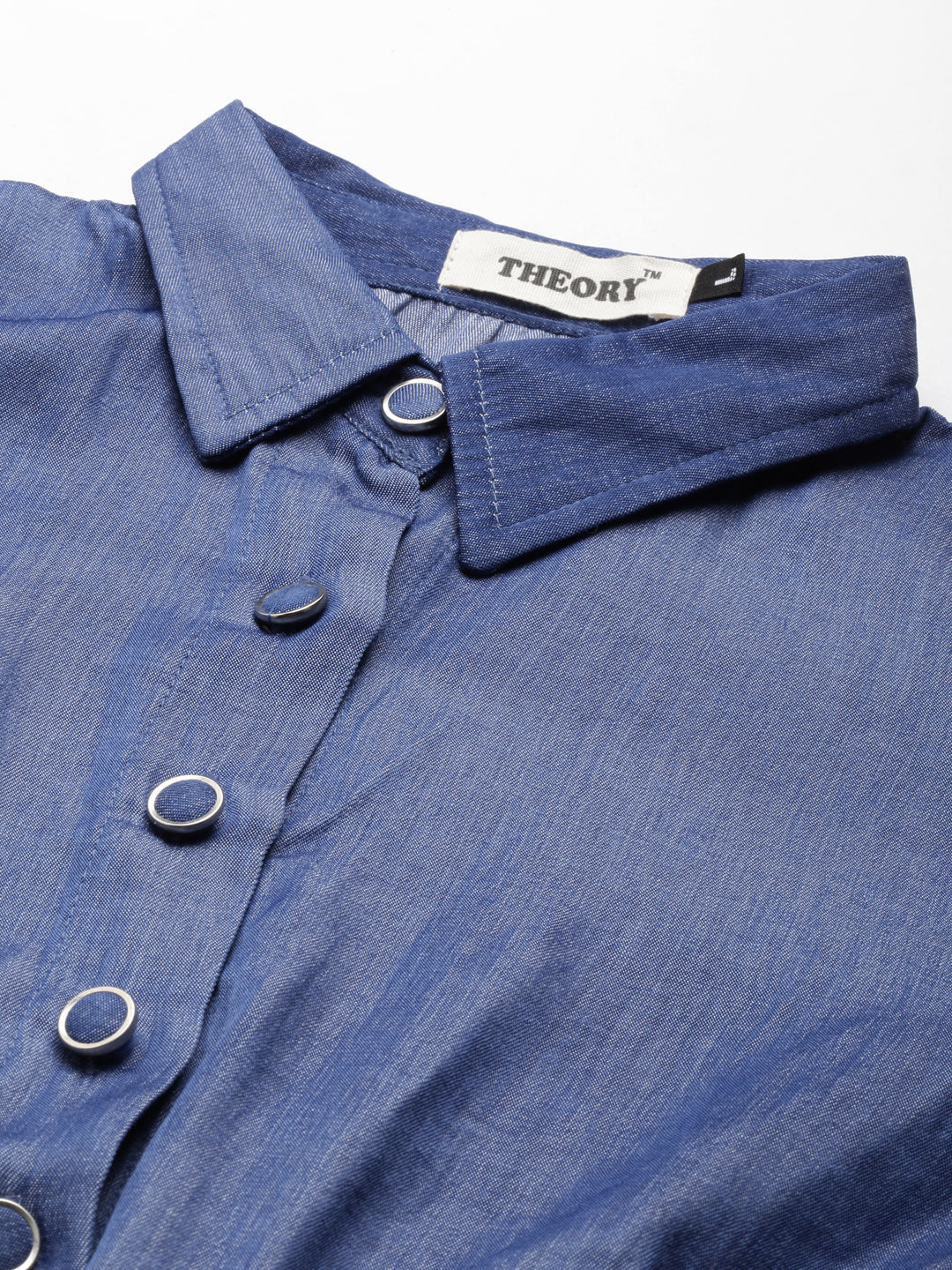 Women's Navy Blue Shirt Collar Cuffed Sleeves Smocked Cotton Shirt Style Crop Top