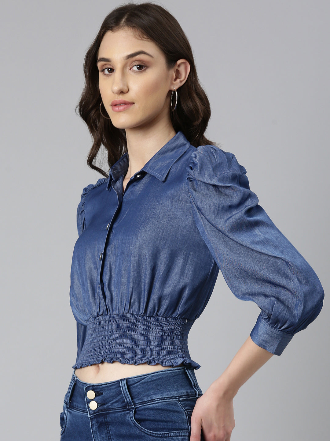 Women's Navy Blue Shirt Collar Cuffed Sleeves Smocked Cotton Shirt Style Crop Top