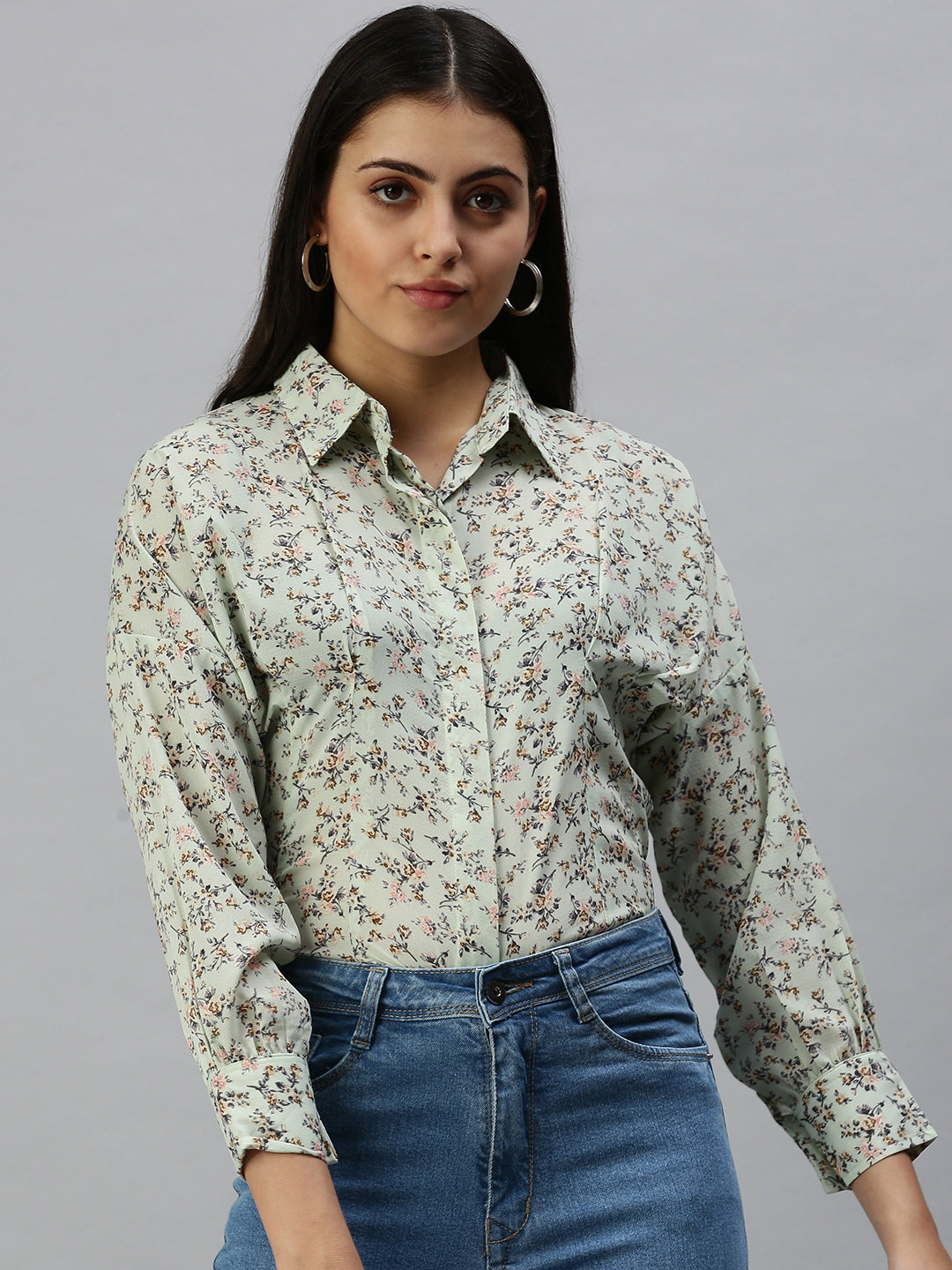Women's Green Contemporary Slim Fit Floral Semi Sheer Printed Casual Shirt