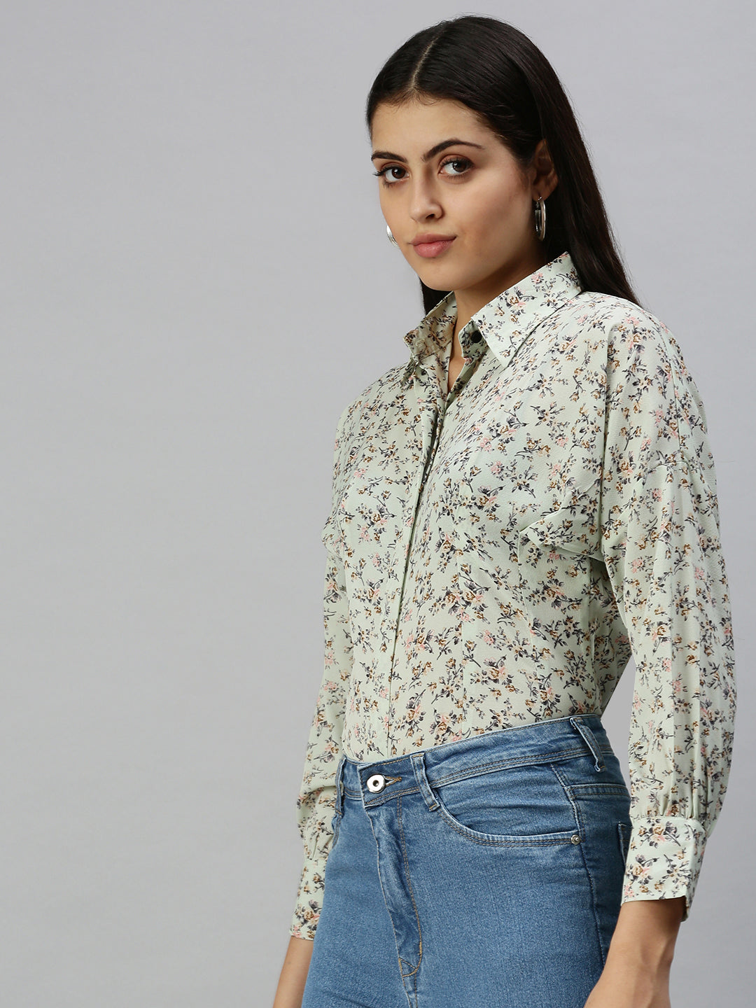 Women's Green Contemporary Slim Fit Floral Semi Sheer Printed Casual Shirt