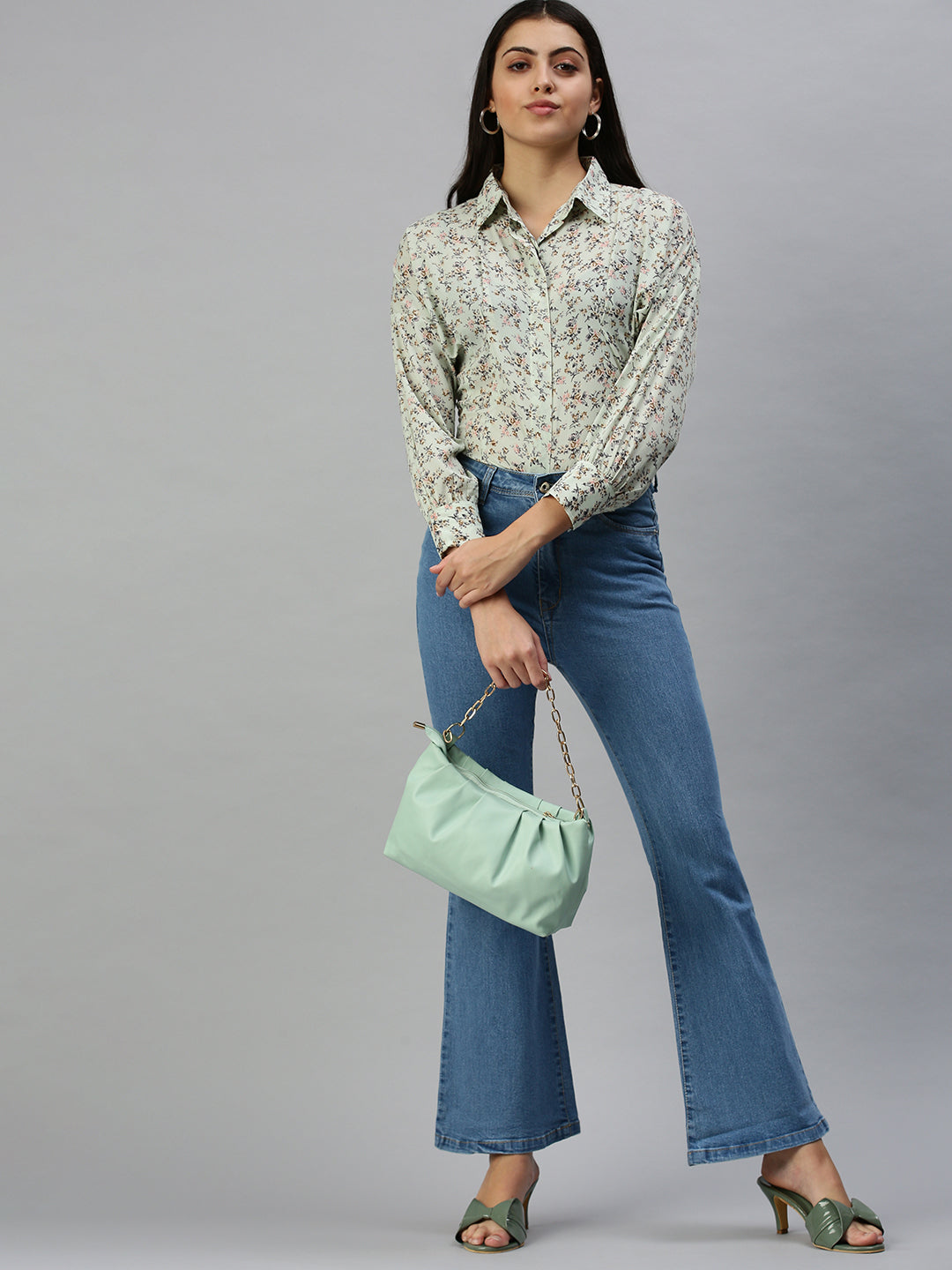 Women's Green Contemporary Slim Fit Floral Semi Sheer Printed Casual Shirt