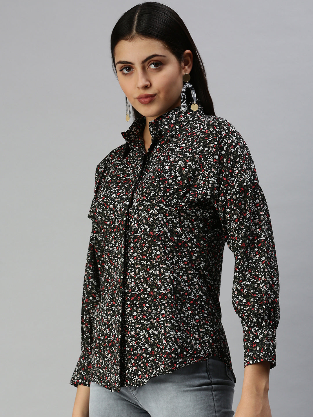 Women's Black Contemporary Slim Fit Floral Semi Sheer Printed Casual Shirt